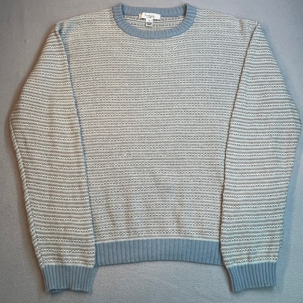 Turnbury Mens Large Cotton Cashmere Crewneck Sweater Blue Tan Striped Knit L